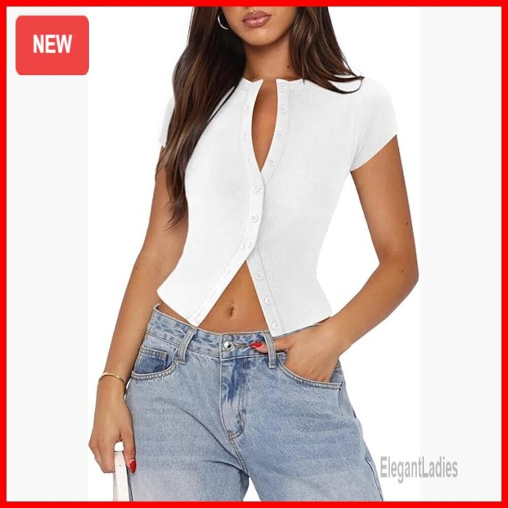 Ribbed Knit Button Down Crop Top Cap Sleeve Slim Fit Y2K Casual